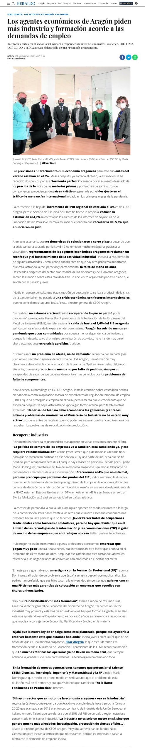 Nuestras socias son noticia: María Domínguez en Heraldo de Aragón 1 Los agentes economicos piden mas industria y formacion HERALDO scaled 1