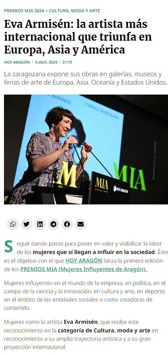 Nuestras socias son noticia: EVA ARMISÉN, Premio MIA 2024 a Cultura, Moda y Arte. La artista más internacional que triunfa en Europa, Asia y América. 1 screencapture hoyaragon es premios mia 2024 eva armisen artista aragonesa 2024 04 11 11 33 03