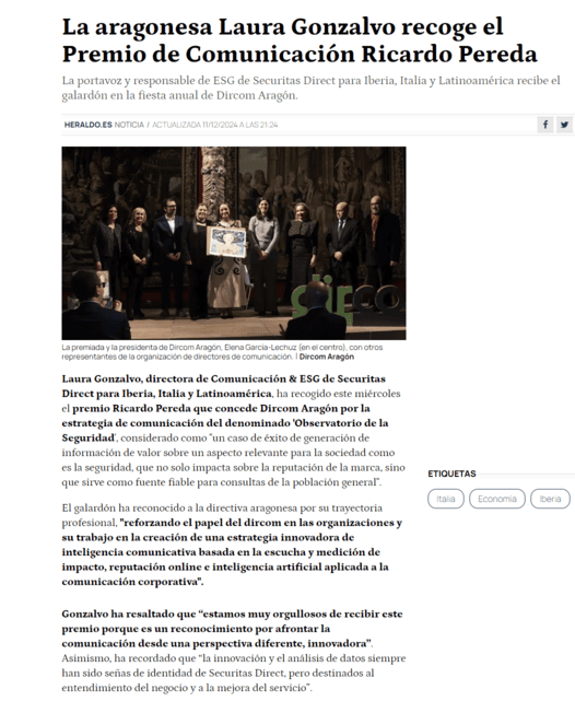Nuestras socias son noticia: LAURA GONZALVO, recoge el Premio de Comunicación Ricardo Pereda concedido por DIRCOM. 1 screencapture heraldo es noticias economia 2024 12 11 la aragonesa laura gonzalvo recoge el premio de comunicacion ricardo pereda 1784657 html 2024 12 13 13 3