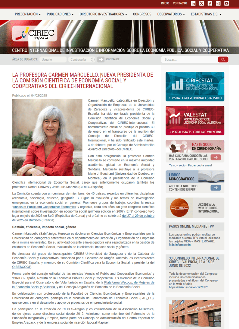 Nuestras socias son noticia: CARMEN MARCUELLO, nueva Presidenta de la Comisión Científica de Economía Social y Cooperativas del CIRIEC-Internacional. 1 screencapture ciriec es noticias la profesora carmen marcuello nueva presidenta de la comision cientifica de economia social y cooperativas del ciriec internacion