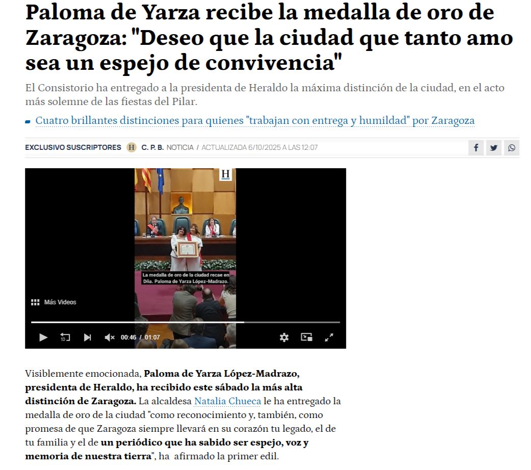 Nuestras socias son noticia: PALOMA DE YARZA recibe la Medalla de Oro 2025 de Zaragoza. 1 screencapture heraldo es noticias aragon zaragoza fiestas del pilar 2025 10 04 paloma de yarza recibe la medalla de oro de zaragoza deseo que la