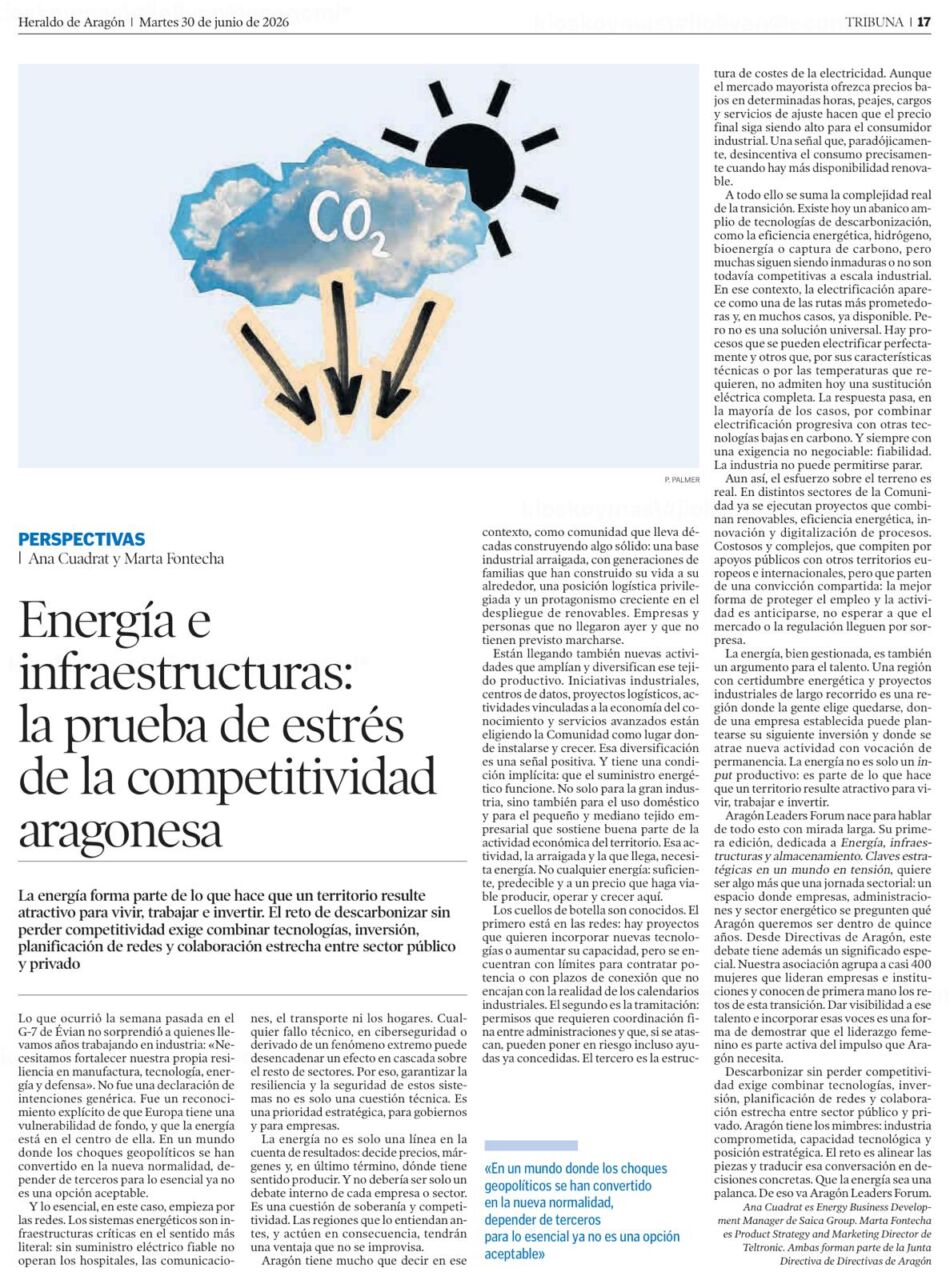 Ana Cuadrat y Marta Fontecha: Energía e infraestructuras, la prueba de estrés de la competitividad aragonesa 1 PHOTO 2026 06 30 08 21 09 1
